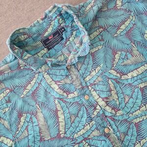 Vineyard Vines Mens Slim Fit Murray Shirt Blue Green Tropical Palm Leaf Medium